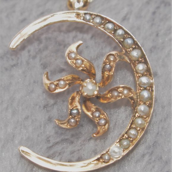 Victorian 14K YGold Cresent Moon Starburst Flower with Pearl and Seed Pearls - Picture 6 of 10